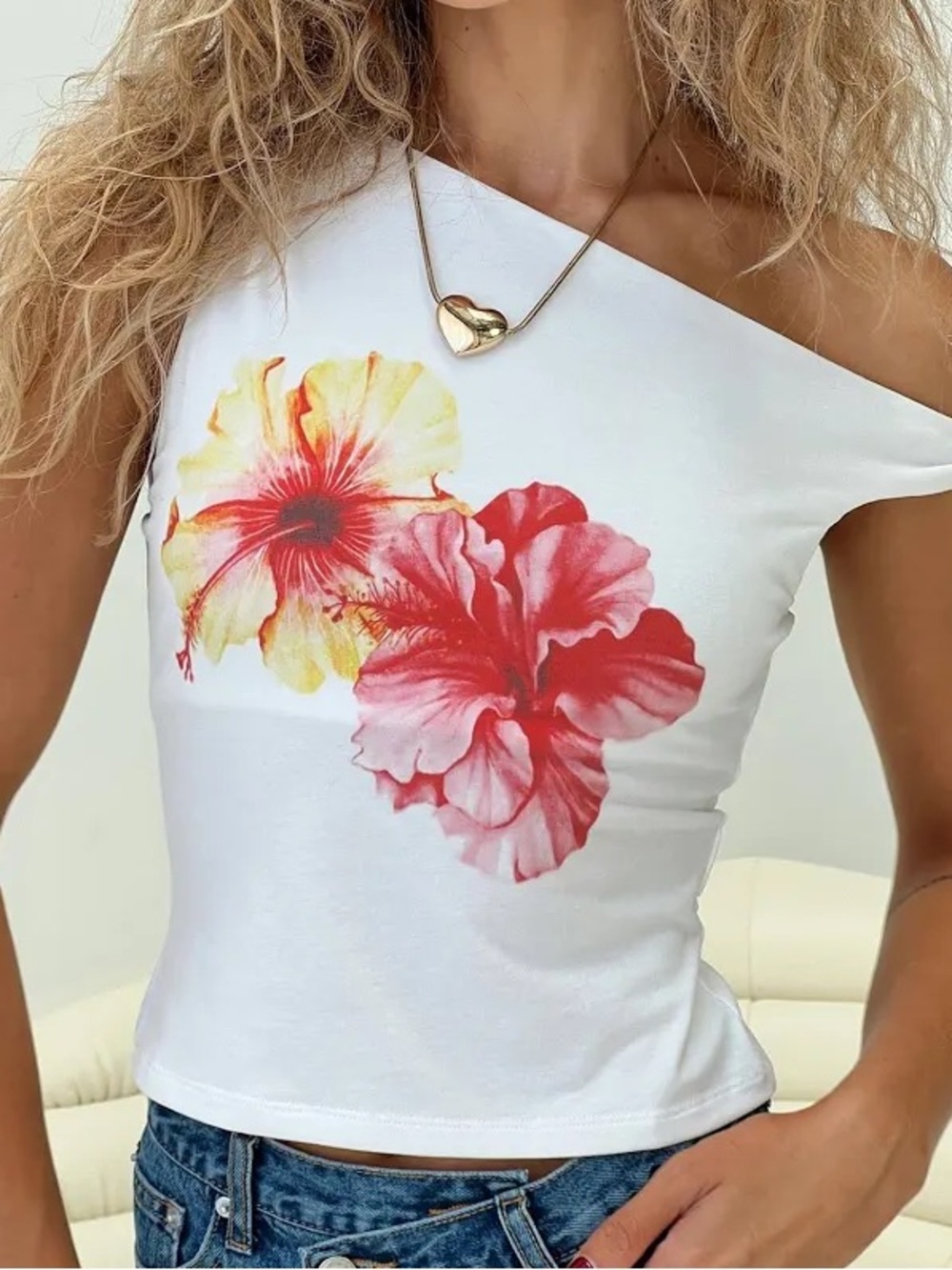 Princess Polly White One-Shoulder Tank with Pink & Yellow Hibiscus